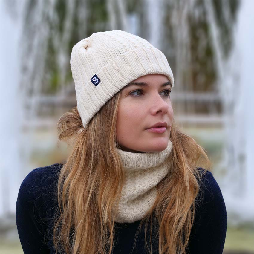 Bonnet pompon et tour de cou Laine Française - Blanc Bonnet