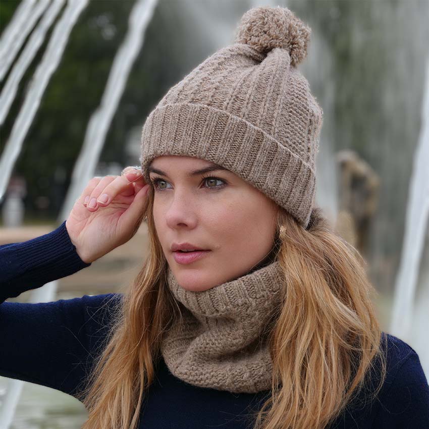 Bonnet pompon et tour de cou Laine Française - Blanc Bonnet