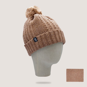 Bonnet pompon et Tour de cou Laine Française marron
